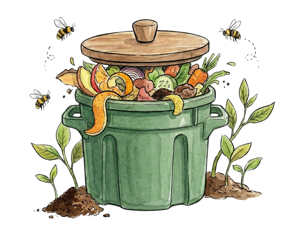 Hand-painted compost bin illustration